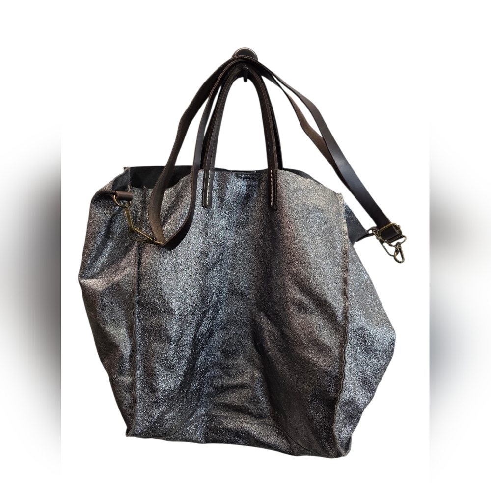 Handmade Leather silver coated convertible Tote Bag